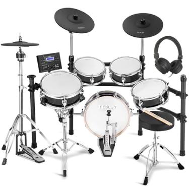 Imagem de Fesley Conjunto de bateria elétrica com caixa independente HiHat Cymbal: fonte de som de amostra real, conjunto de bateria eletrônica Bluetooth com almofada de bateria de malha de zona dupla, prato de