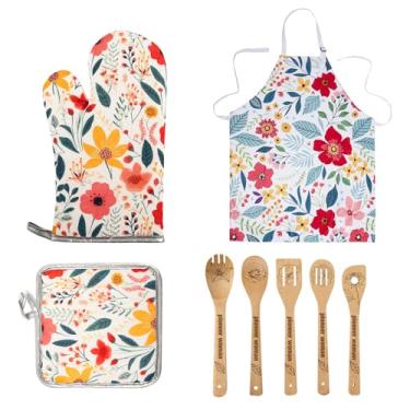 Imagem de 8 peças de utensílios de cozinha The Pioneer Woman incluem 5 colheres de madeira fofas, 1 luva de forno de cozinha para mulher pioneira, 1 suporte de panela, 1 avental de cozinha, acessórios de