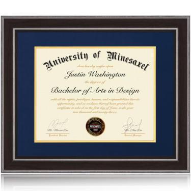 Imagem de Minesaxel Molduras para diploma de 40 x 50 cm, 33 x 43 cm com tapete azul, serve para documento de certificado de graduação, moldura de cor nogueira 50 x 40 cm com painel de vidro temperado para