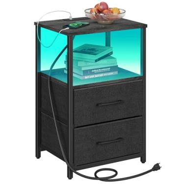 Imagem de TUTOTAK Mesa de canto LED com estação de carregamento, mesa de cabeceira, mesa lateral com 2 portas USB e tomadas, mesa de cabeceira com gaveta de pano, mesa de cabeceira para sala de estar, quarto