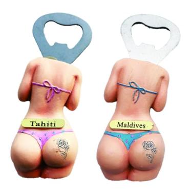 Imagem de Abridor de garrafa feminino biquíni, 2 peças Taiti Maldivas 3D sexy feminino ímã de geladeira abridor de garrafa de cerveja, ímã de geladeira de decoração de casa de resina