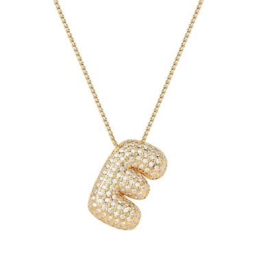 Imagem de Mint & Lily Colar feminino com inicial de ouro Pave Bubble – banhado a ouro 18K sobre latão com corrente delicada, presente para mulheres, Latão, Sem Pedra Preciosa