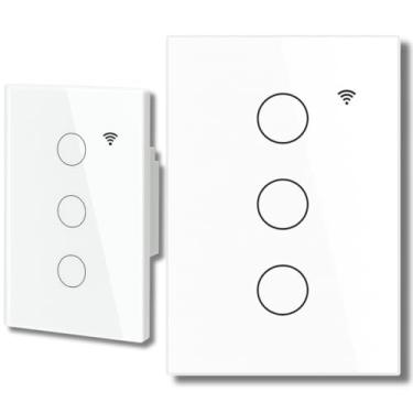 Imagem de Interruptor Inteligente Wi-Fi Touch RF com 3 Botões Controle Remoto via App 1000W 100V-240V Interruptor Paralelo Digital De Parede Branco