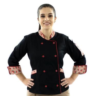 Imagem de Dólmã Feminina Para Chef De Cozinha Preto Melancia 100% Algodão Unifor