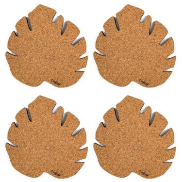 Imagem de Treleaf Kostr – Porta-copos de plantas de cortiça de folha Monstera de 15 cm (conjunto de 4) – Protetores de superfície antiderrapantes ecológicos resistentes à água para plantas de interior e