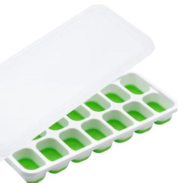 Imagem de Bandeja de cubos de gelo com tampa, bandejas de plástico de silicone verde quadrado de 14 cavidades para freezer com caixa/recipiente para sopa, comida, coquetel, café