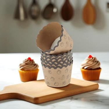 Imagem de Generic 50 peças de forros de cupcake pequeno papel kraft impressão de frutas copos descartáveis papel de polpa de madeira revestimento PE marrom avermelhado cáqui 6 x 4,5 cm
