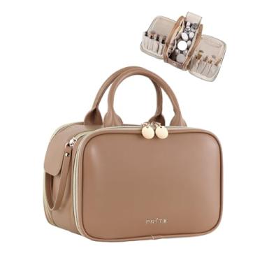 Imagem de Prite Bolsa de maquiagem feminina de grande capacidade, à prova d'água, organizador de cosméticos, portátil, estojo de higiene plano aberto com suporte de pincel e alça independentes, Marrom, G