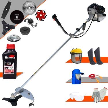Imagem de Roçadeira Robusta Toyama TBC43H À Gasolina 43cc 1,7HP de Potência Com Sistema Antivibração Carretel Nylon + Kit 7 Opções de Cortes + EPI + ÓLEO TOYAMA