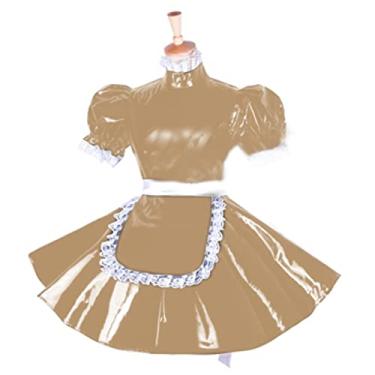 Imagem de Vestido curto para cosplay de uniforme de empregada em PVC, plus size, maricas, marrom claro, 3GG