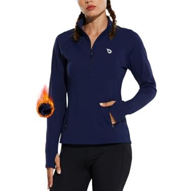 Imagem de BALEAF Jaqueta feminina de corrida de lã com meio zíper para clima frio, camisetas térmicas, pulôver, atlético, treino, inverno, Azul, 3G