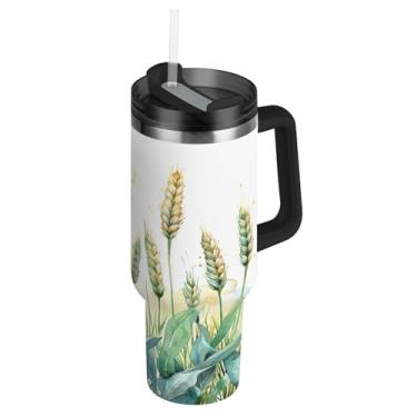 Imagem de Blueangle Copo de campo de trigo aquarela de 1,134 g com alça e tampa de palha, caneca de viagem de aço inoxidável isolada a vácuo de parede dupla, garrafa de água reutilizável para academia de