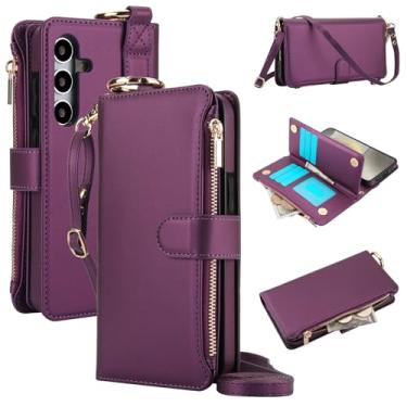 Imagem de Capa carteira para Samsung Galaxy A16 5G [bloqueio RFID] [bolso com zíper] [porta-cartão] capa protetora flip de couro PU com corda transversal/pulso/anel capa de telefone masculina e feminina (roxo