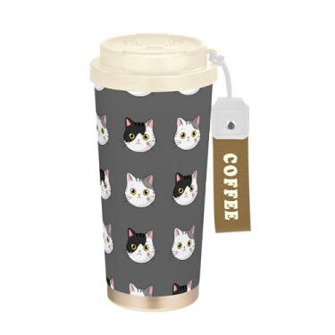 Imagem de SEHANY Caneca de viagem de gato gatinho fofo de 482 g xícaras de café reutilizáveis revestidas de cerâmica com tampa à prova de vazamento, parede dupla, isolamento a vácuo, copo de café de aço