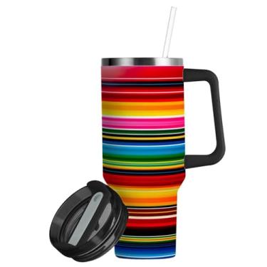 Imagem de ATTX Copo colorido listrado do México de 850 g com alça, copo de aço inoxidável a vácuo de parede dupla com palha, caneca de café de viagem isolada #120