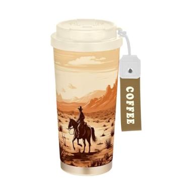 Imagem de SEHANY Caneca de viagem vintage caubói ocidental 482 g xícaras de café reutilizáveis revestidas de cerâmica com tampa à prova de vazamento, parede dupla, isolamento a vácuo, copo de café de aço
