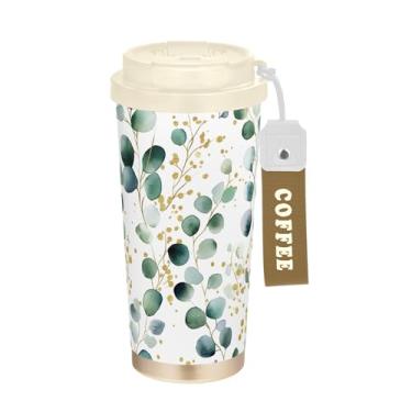 Imagem de SEHANY Caneca de viagem Green Leaves de 482 ml Copos de café reutilizáveis revestidos de cerâmica com tampa à prova de vazamento, parede dupla, isolamento a vácuo, copo de café de aço inoxidável para