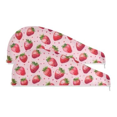 Imagem de SEHANY Toalha de cabelo de microfibra de morangos rosa aquarela para mulheres, 2 peças, turbantes de cabelo de secagem rápida com botão, touca de cabelo seco absorvente toalha de secagem de cabelo