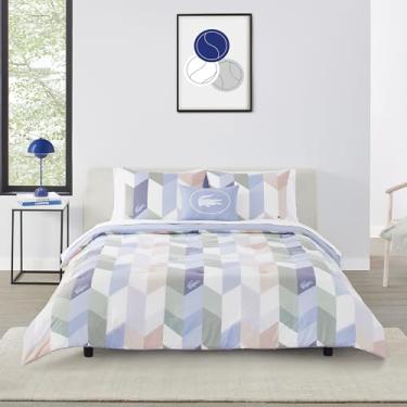 Imagem de Lacoste Conjunto de edredom Beaumont – roupa de cama com padrão geométrico, algodão percal, enchimento alternativo, certificado Oeko-Tex, macio e respirável, rosa/multi, king