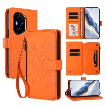 Imagem de Capa carteira para Honor 400 com porta-cartão, bolso com zíper e alça longa - capa fólio de couro com fecho magnético, suporte, capa feminina anti-impressão digital (laranja)
