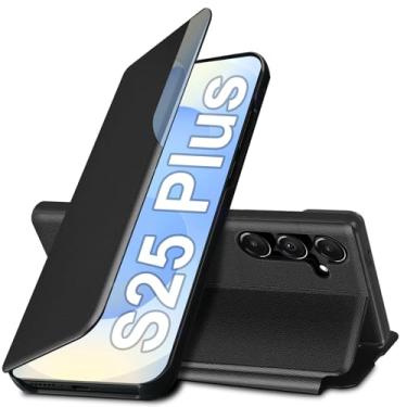 Imagem de Capa flip S25 Plus para Samsung Galaxy S25 Plus 5G, capa de couro slim fit transparente para Samsung S25+ capa de telefone com suporte, resistente, resistente à prova de choque, 6,7 polegadas (preto)