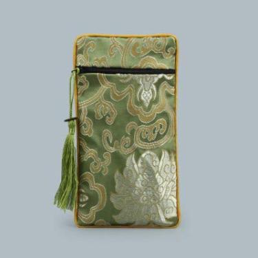 Imagem de Only My Live Home Bolsa com zíper floral para armazenamento de telefone, brocado de seda chinesa, feminina, com zíper, capa para celular com borla universal (10 x 19 cm, verde, 5 peças)