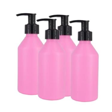 Imagem de MOXMAR Pacote com 4 frascos de PEAD com bomba de creme + 2 funis e etiquetas - Frascos dispensadores de plástico recarregáveis para loção e cuidados pessoais, Garrafa rosa + bomba preta, 8.5 fl oz.
