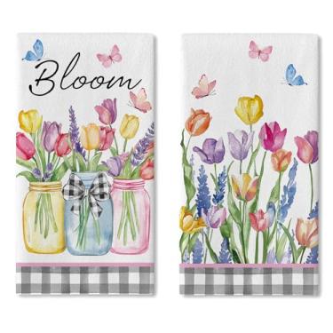 Imagem de Croar Conjunto de 2 panos de prato de cozinha de flores de tulipa de primavera, flor de aquarela, floral, borboleta, pedreiro, toalha de mão, pano, pano, cozinha, xadrez, verão, casa de fazenda, casa