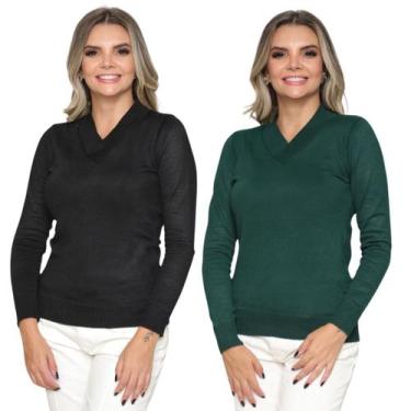 Imagem de Kit 2 Blusas Tricot Gola V Moda Casul Inverno 2024 - GIP, Preto, Verde