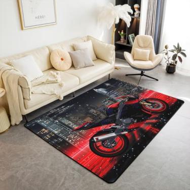 Imagem de Erosebridal Tapete 3D para motocicleta, 7,5 x 12,5 cm, tapete retangular de motocross para sala de estar, tapete decorativo para crianças, meninos, meninas, vermelho, preto, edifícios, piloto, tapete