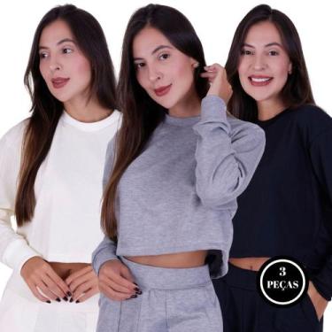 Imagem de Kit 3 Blusa de Moletom Feminina Manga Longa Moletinho - c12 KIT 3 SAMA