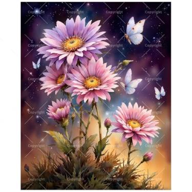 Imagem de Kit de pintura Flower in Dream por números para adultos - DIY margaridas e borboletas rosa sob o céu estrelado pintura em tela 40,6 x 50,8 cm, conjunto de tinta acrílica, adequado para iniciantes