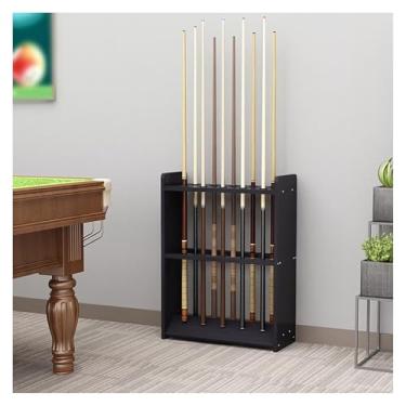 Imagem de Suporte de taco de bilhar, suporte de taco de madeira para tacos de chão, suporte de canto para móveis de sala de bilhar, suporte de mesa de bilhar comporta até 12 tacos (cor nogueira preta)