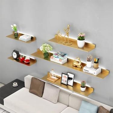Imagem de Prateleiras de parede flutuantes, prateleira laminada de liga de alumínio metálica montada na parede luminosa sala de estar prateleiras iluminadas estante de livros (cor: ouro, tamanho: 100 x 23 cm)