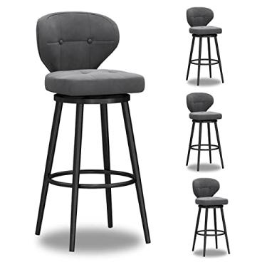Imagem de Bancos de bar estofados de veludo moderno conjunto de 4, bancos de bar com altura de balcão com encosto e pernas de metal, cadeiras de jantar giratórias com apoio para os pés para ilha de cozinha, bar