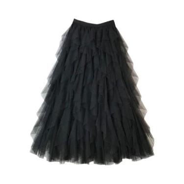 Imagem de Saia Plissada De Tule Feminina De Cintura Alta Longa Maxi Preta Rosa M