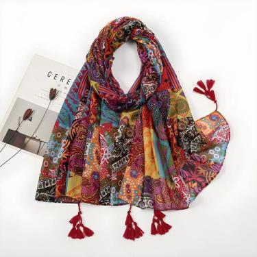 Imagem de Xale Elegante De Algodão Viscose Com Estampa Floral Para Mulheres, Len