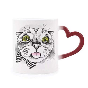 Imagem de Caneca Tougue Bow Branca Gato Proteger Animal Pet Lover Sensível ao Calor Caneca de Grés Mudança de Cor Vermelha