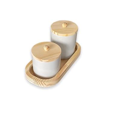 Imagem de Pote de algodão e cotonete Kit Higiene Bebê Porcelana C/Tampa E Bandeja Madeira Pinus kh2