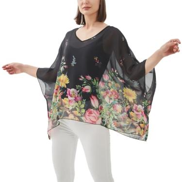 Imagem de Blusa feminina de chiffon transparente com estampa floral boêmia, túnica poncho caftan, #Decote em V Preto Calêndula, tamanho �nico