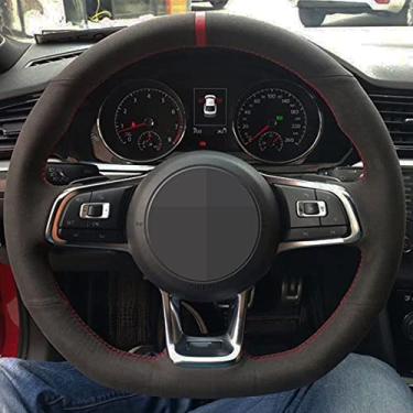 Imagem de Capa de volante de carro confortável de couro não deslizante costurada à mão preta, adequada para Volkswagen Golf 7 GTI Golf R MK7 VW Polo GTI Scirocco 2015 2016
