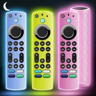 Imagem de OneBom (3 peças) Capa de silicone para controle remoto que brilha no escuro para Firetv 4K Max (2ª)/Insignia/Pioneer/Omni (QLED) Series com cordão, leve, antiderrapante, à prova de choque (azul