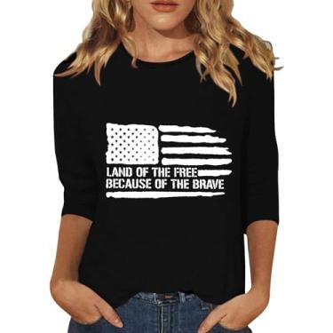 Imagem de Camisetas femininas com bandeira americana de verão 4 de julho camisetas de manga 3/4 Land of the Free Tops Patriotic Memorial Day, Azul marino, M