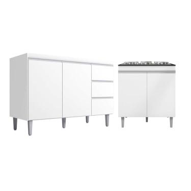 Imagem de Kit Balcão Gabinete Para Pia Andreia 120cm C- Balcão Cooktop 4 Ou 5 Bocas Branco