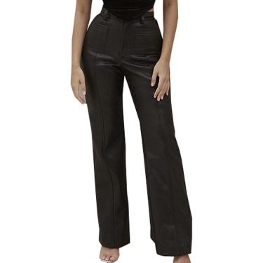 Imagem de Calça casual de couro com bolso duplo, calça feminina fina de couro pu com perna reta, preta, S