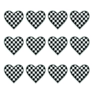 Imagem de SaktopDeco 12 peças de patch de coração preto e branco para corrida quadriculado bordado de coração costurado, para jaquetas, jeans, chapéus, bolsas, roupas