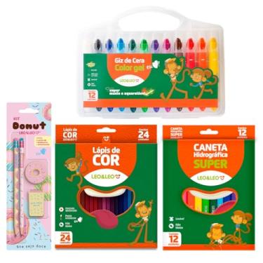 Imagem de Giz de Cera Gel + Lápis de Cor 24 Cores + Canetinha 12 Cores + Kit Temático - Leo e Leo (Donut)