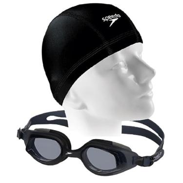 Imagem de Kit Natação Speedo Óculos Smart + Touca Xtrafit Tecido Resistente e Confortável (Óculos Preto + Touca Preta)