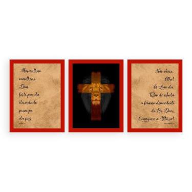 Imagem de Kit 3 Quadros 33x43 C/ Moldura O Leão Da Tribo De Judá - QUEROMAISQUAD