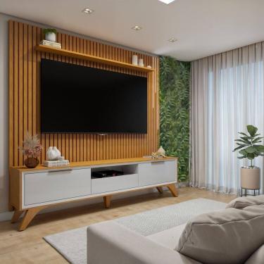 Imagem de Conjunto Rack Áustria 220cm com Painel Ripado com Led para Tv de até 75 Polegadas Paris Naturalle/Off White